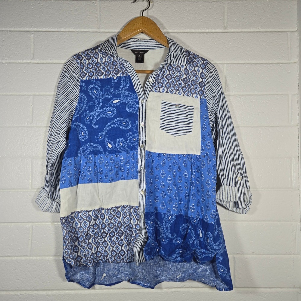 NWT Multiples Patchwork Button Shirt Medium Mixed Print Linen Blend Tunic‎ Coast